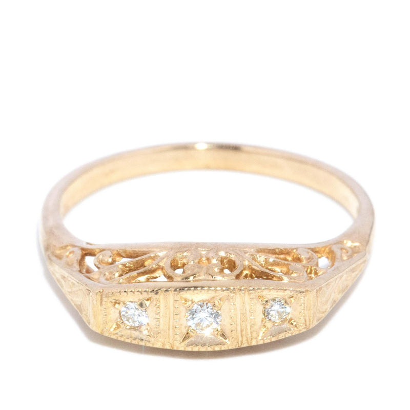 Vintage Circa 1980s Diamond Three Stone Filigree Ring 9 Carat Gold