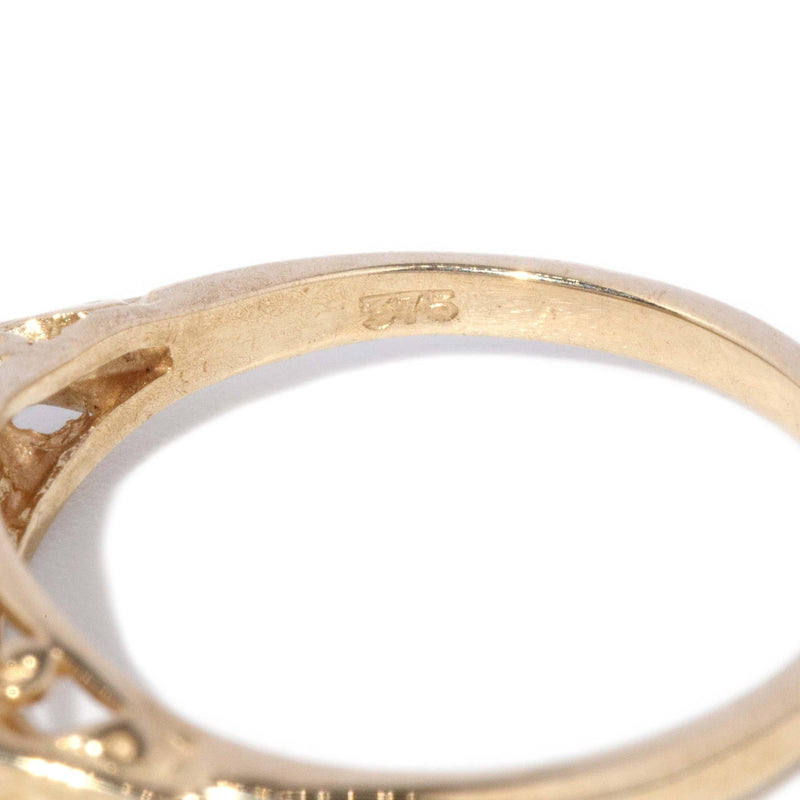 Vintage Circa 1980s Diamond Three Stone Filigree Ring 9 Carat Gold