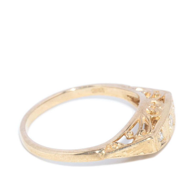 Vintage Circa 1980s Diamond Three Stone Filigree Ring 9 Carat Gold