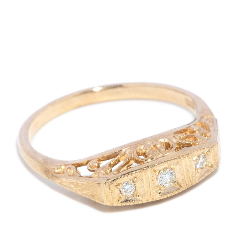 Vintage Circa 1980s Diamond Three Stone Filigree Ring 9 Carat Gold