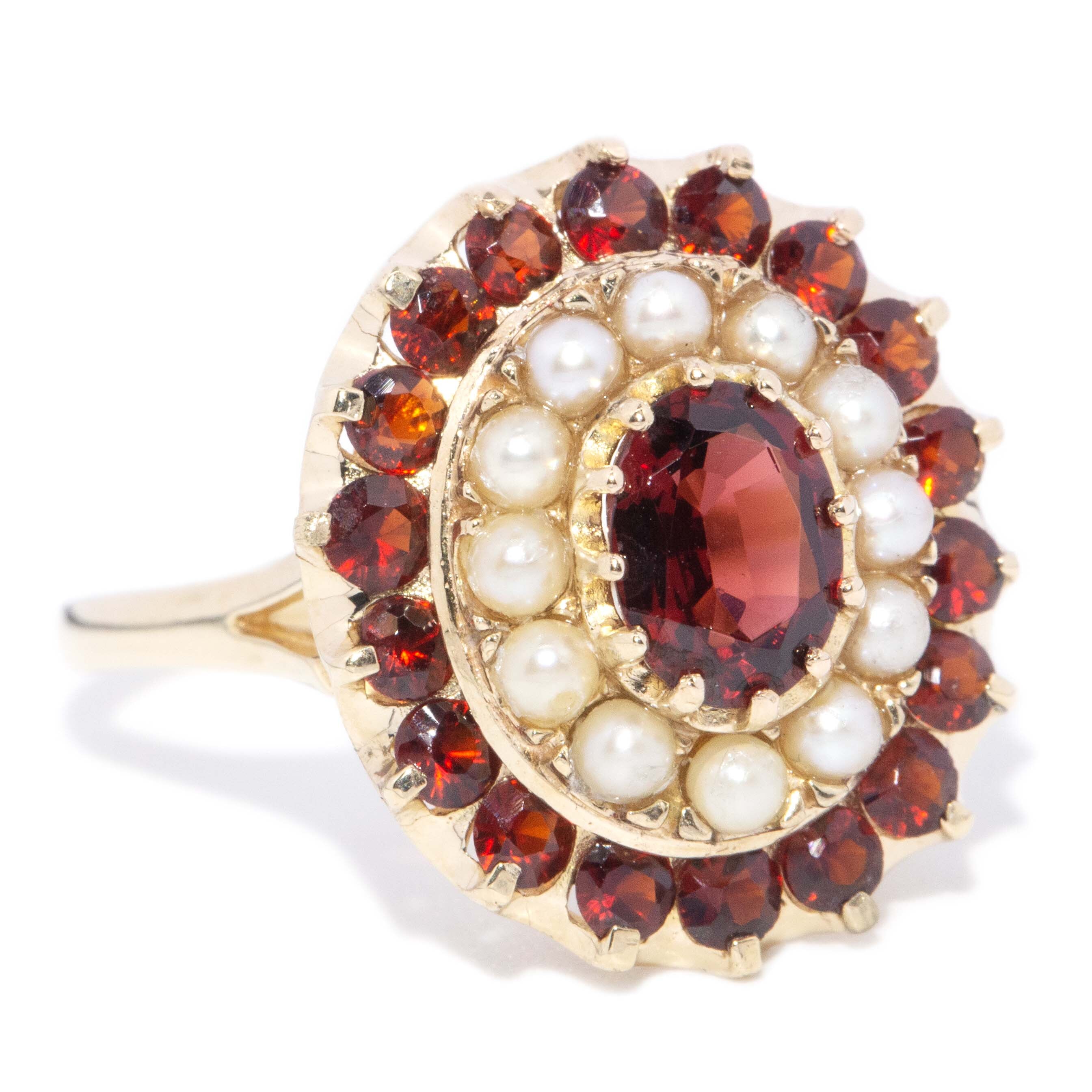 Greer Vintage Garnet Seed Pearl Cocktail Ring 9ct Gold Rings Imperial Jewellery 