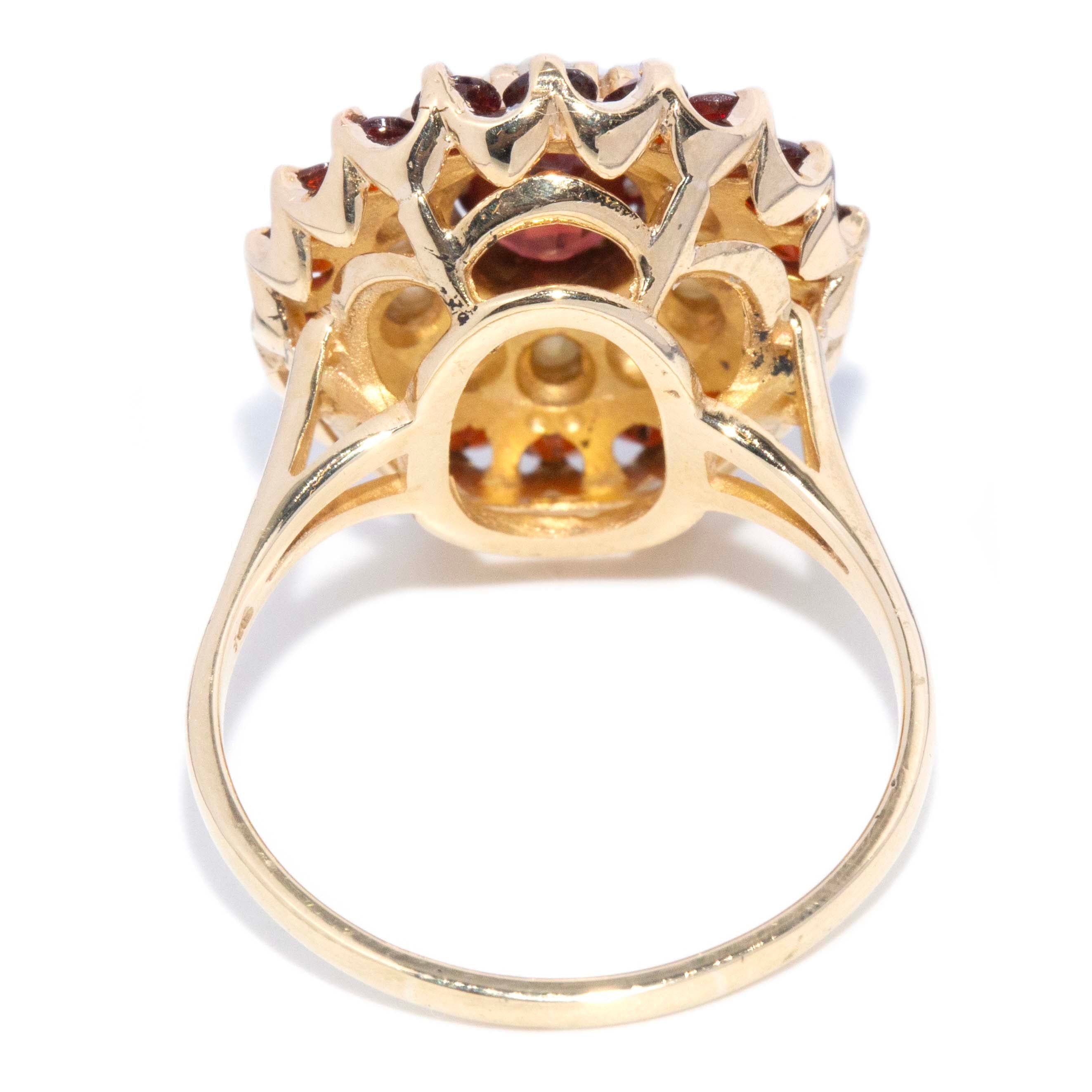 Greer Vintage Garnet Seed Pearl Cocktail Ring 9ct Gold Rings Imperial Jewellery 