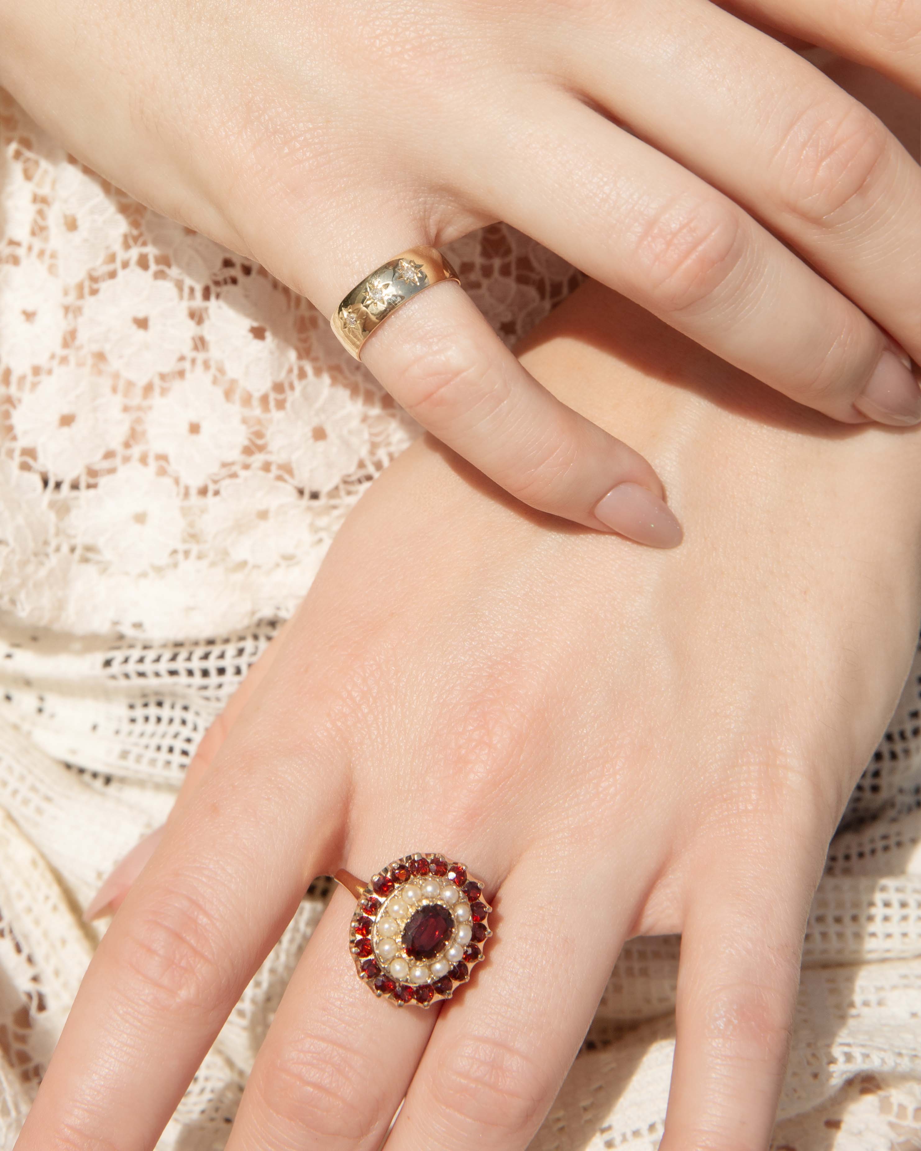Greer Vintage Garnet Seed Pearl Cocktail Ring 9ct Gold Rings Imperial Jewellery 