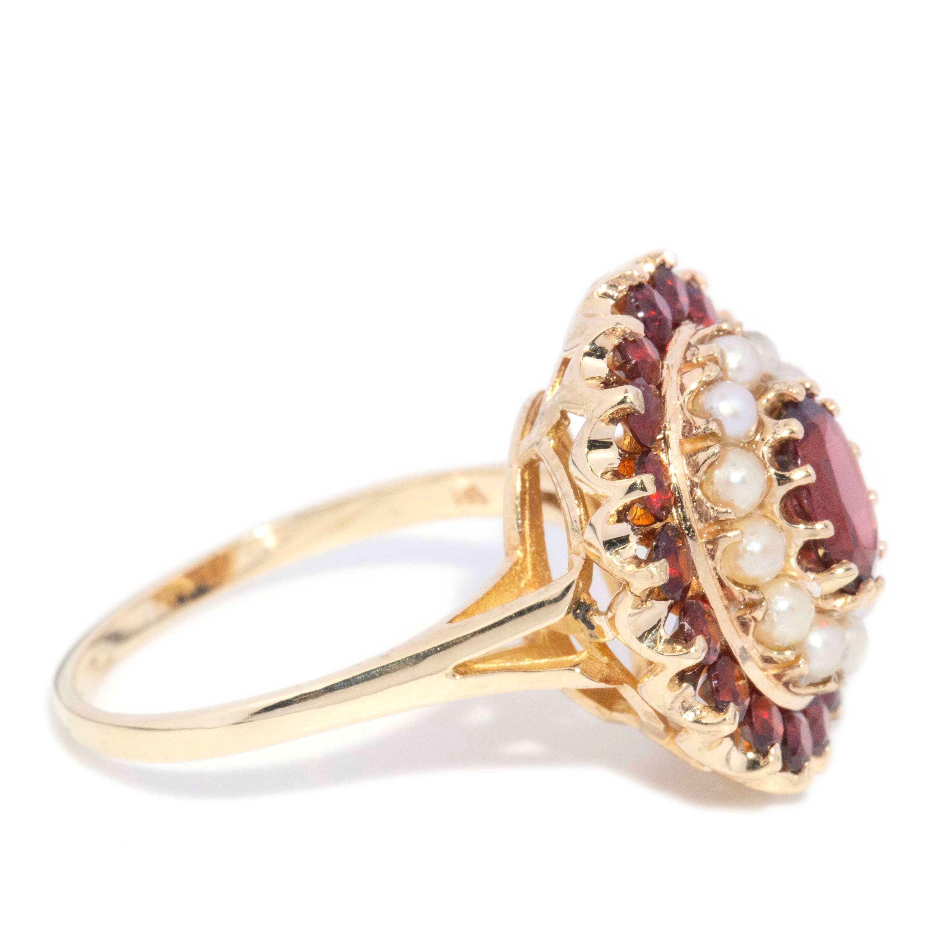 Greer Vintage Garnet Seed Pearl Cocktail Ring 9ct Gold Rings Imperial Jewellery 