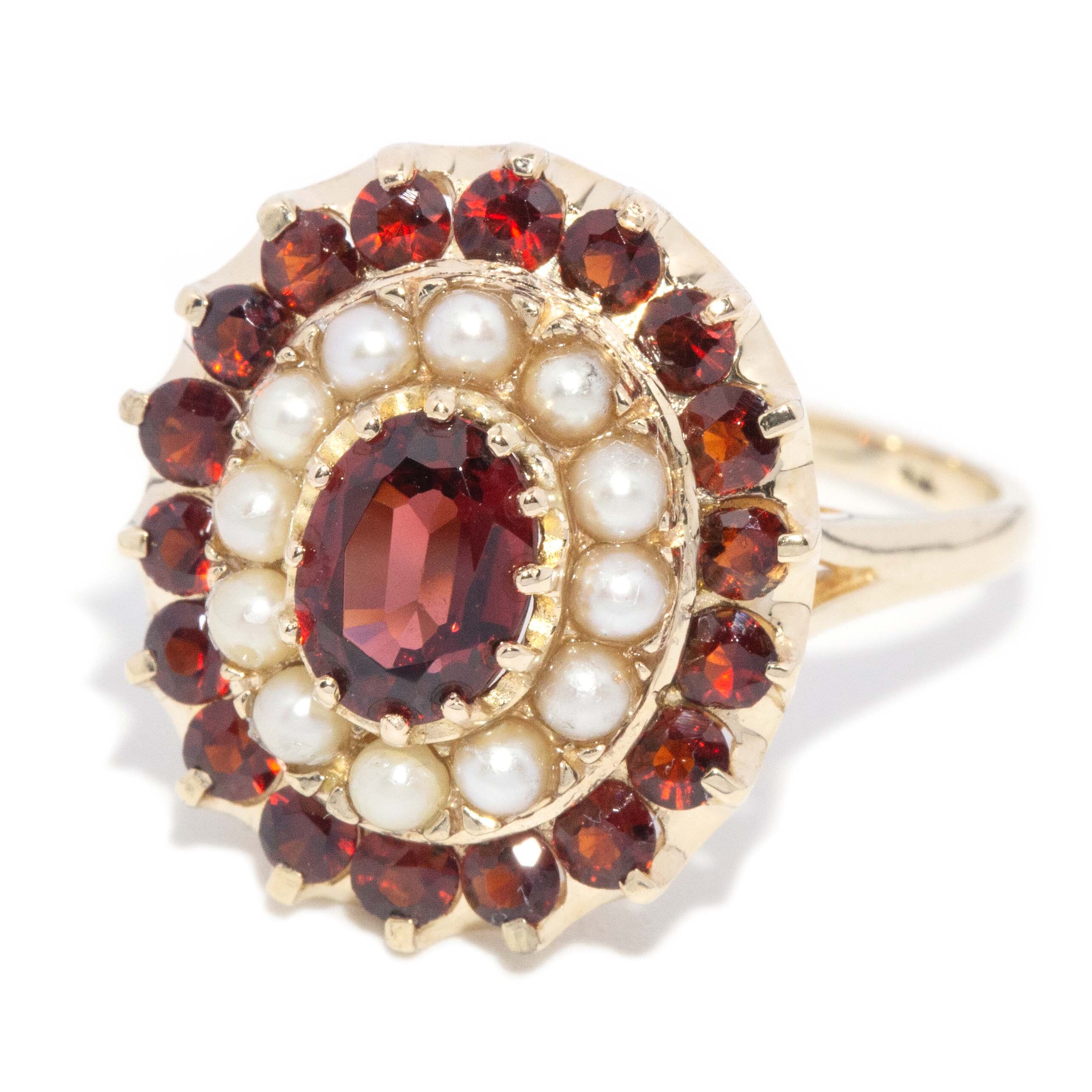 Greer Vintage Garnet Seed Pearl Cocktail Ring 9ct Gold Rings Imperial Jewellery 