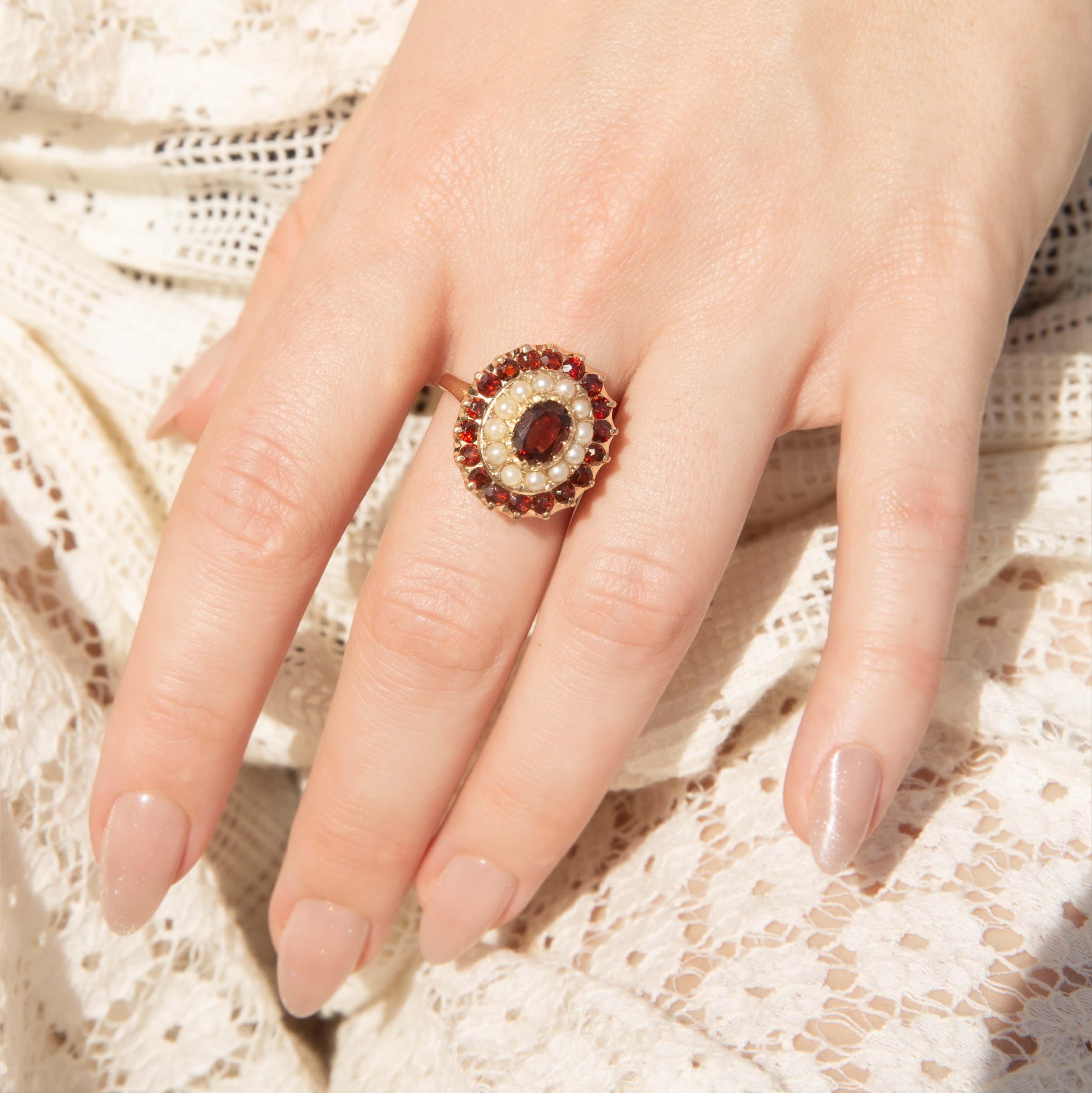 Greer Vintage Garnet Seed Pearl Cocktail Ring 9ct Gold Rings Imperial Jewellery 