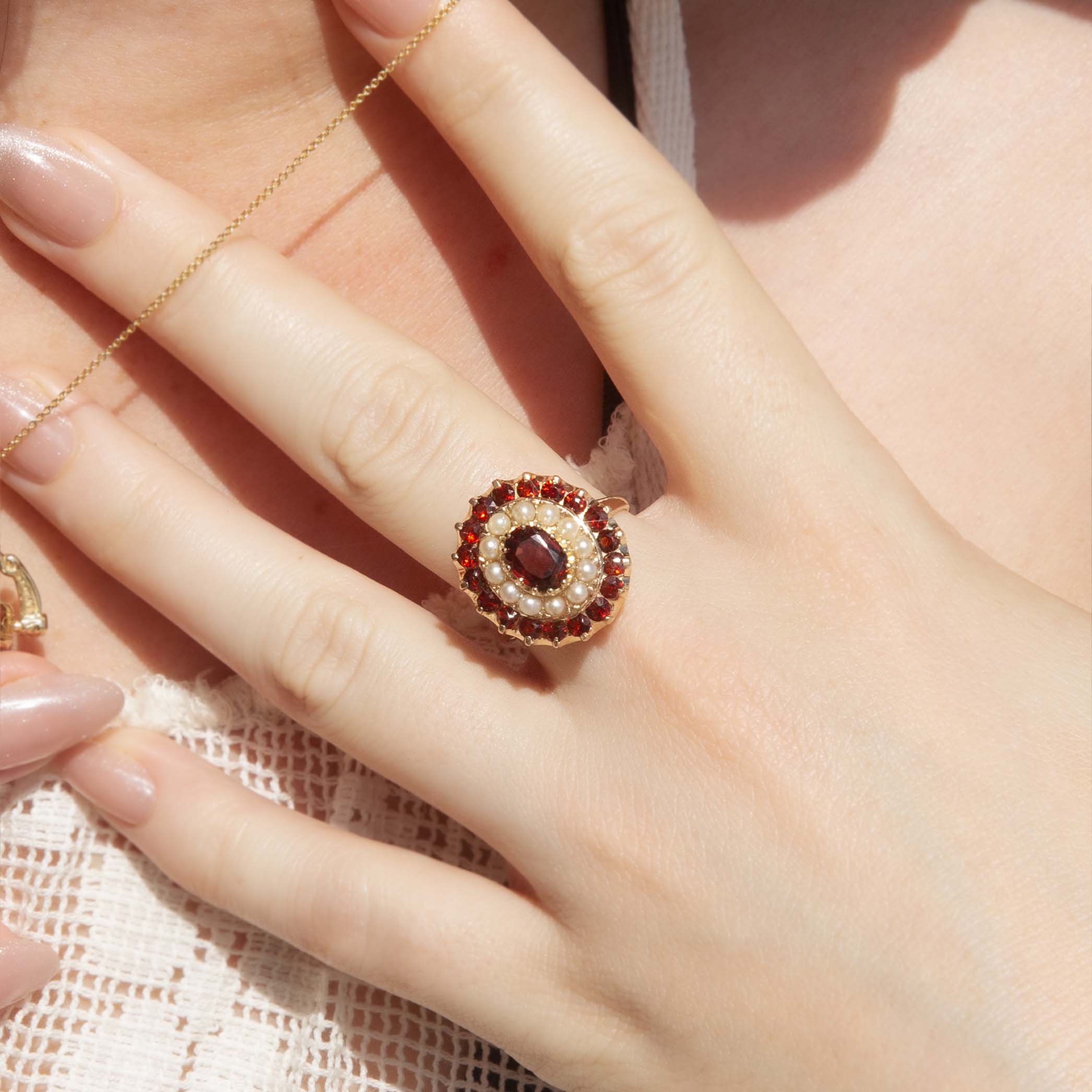 Greer Vintage Garnet Seed Pearl Cocktail Ring 9ct Gold Rings Imperial Jewellery 
