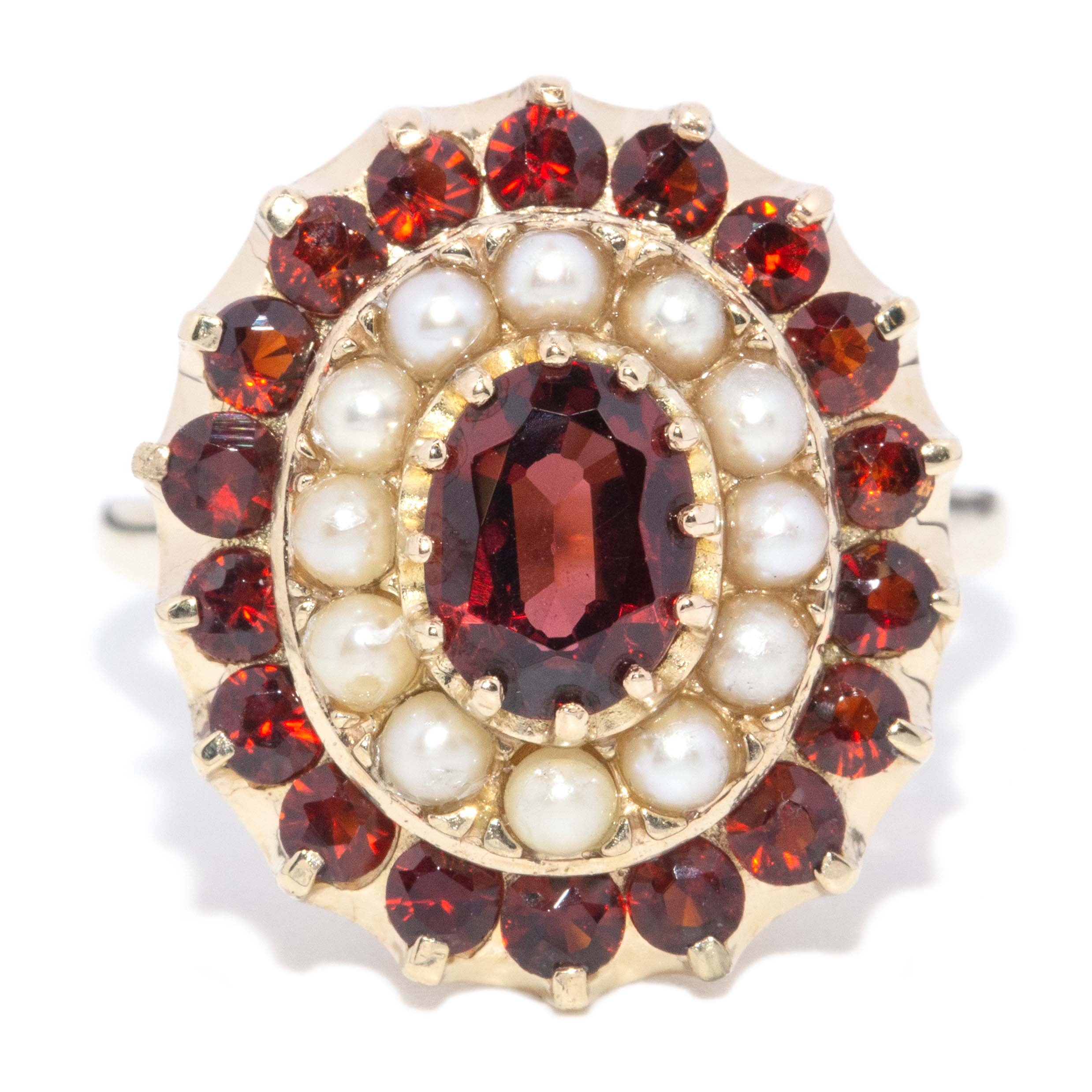 Greer Vintage Garnet Seed Pearl Cocktail Ring 9ct Gold Rings Imperial Jewellery 