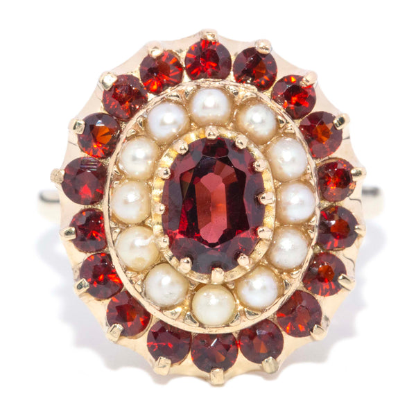 Greer Vintage Garnet Seed Pearl Cocktail Ring 9ct Gold Rings Imperial Jewellery 