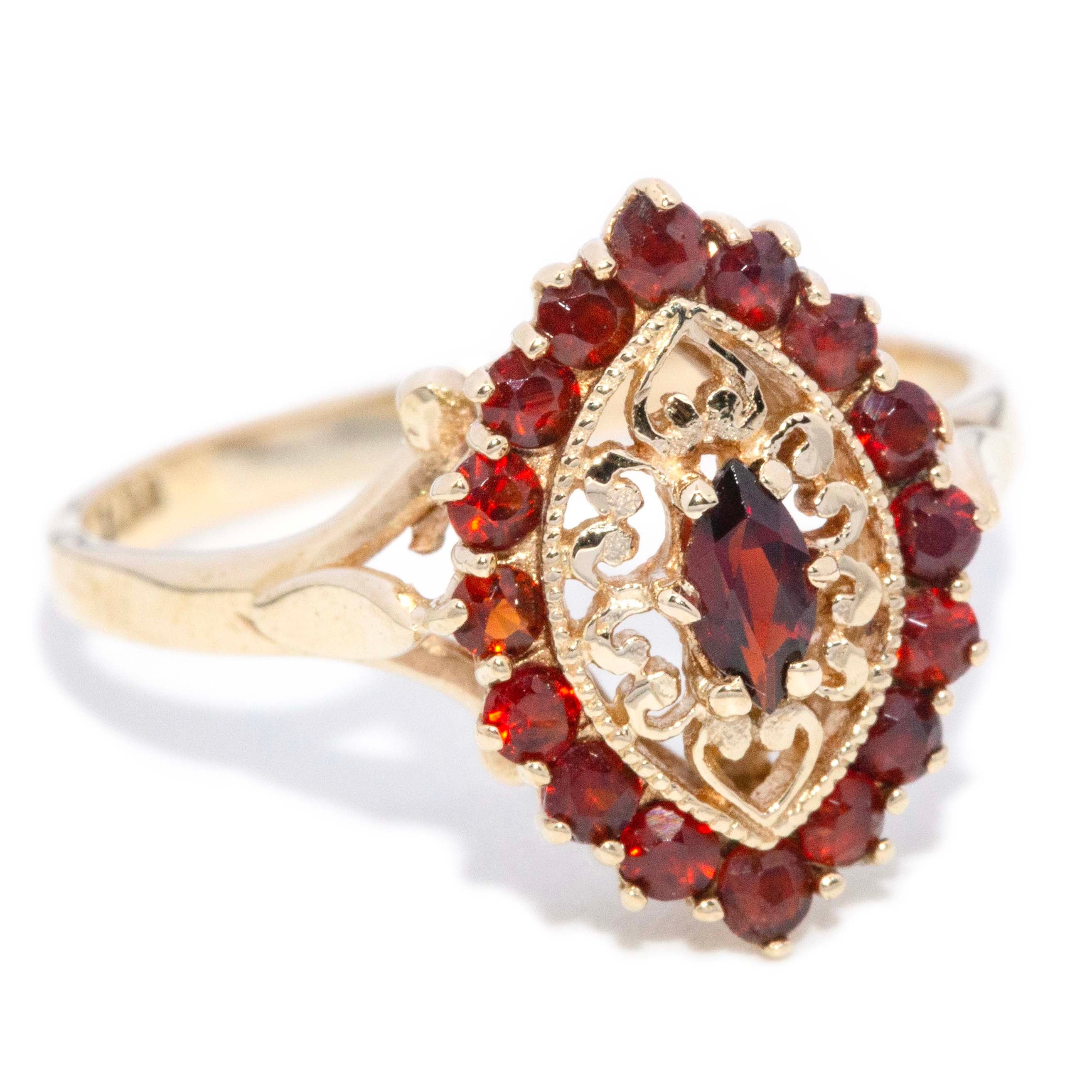 Greta 1960s Garnet Marquise Cocktail Ring 9ct Gold Rings Imperial Jewellery 