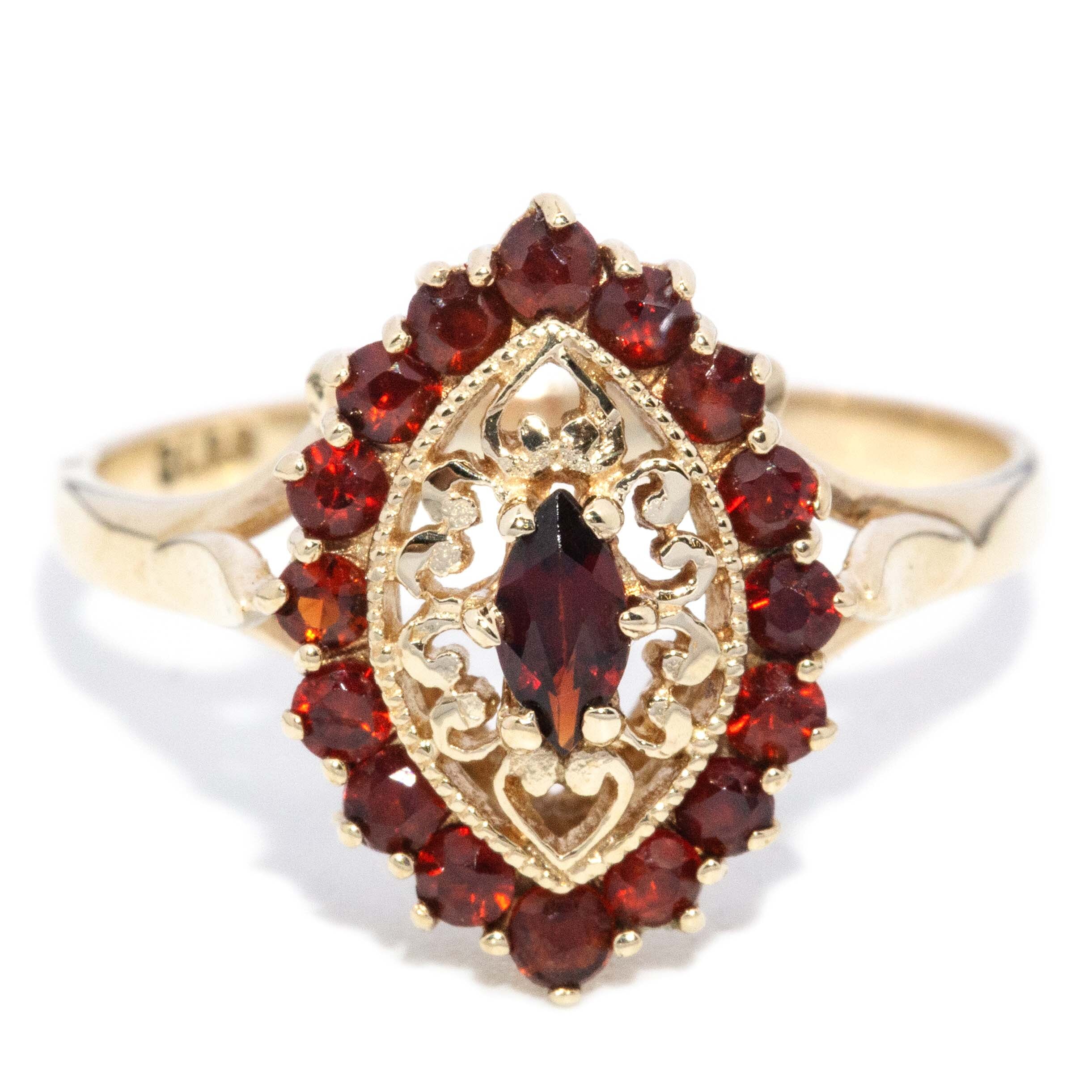 Greta 1960s Garnet Marquise Cocktail Ring 9ct Gold Rings Imperial Jewellery 