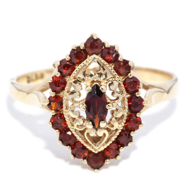 Greta 1960s Garnet Marquise Cocktail Ring 9ct Gold Rings Imperial Jewellery 
