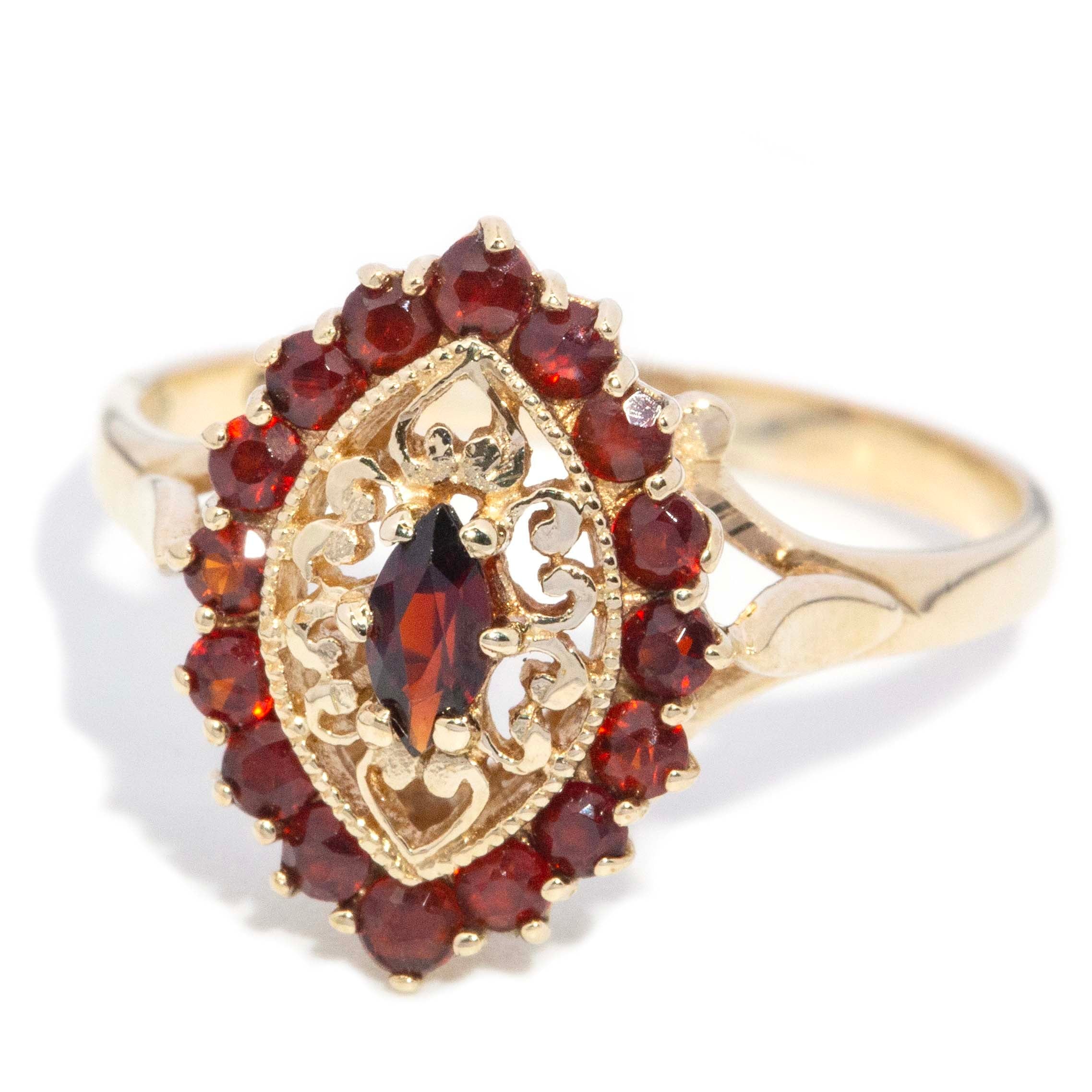 Greta 1960s Garnet Marquise Cocktail Ring 9ct Gold Rings Imperial Jewellery 