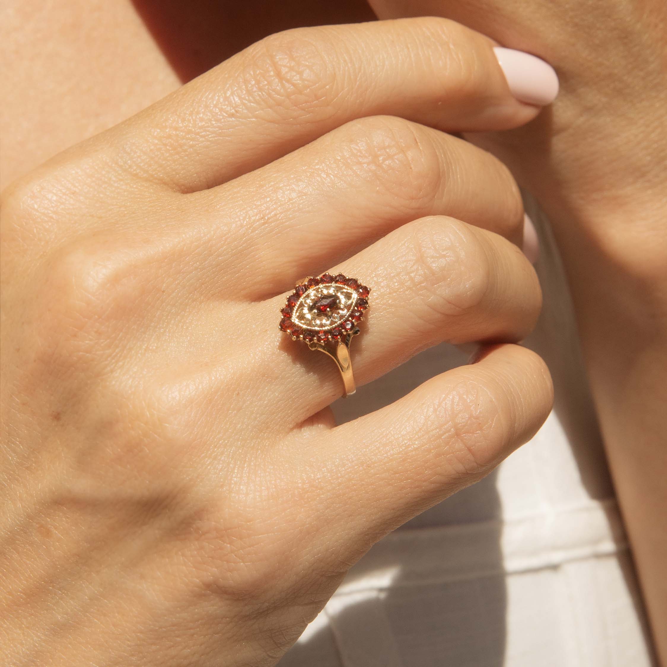 Greta 1960s Garnet Marquise Cocktail Ring 9ct Gold Rings Imperial Jewellery 