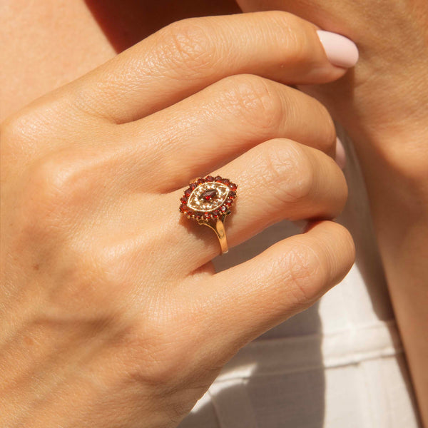 Greta 1960s Garnet Marquise Cocktail Ring 9ct Gold Rings Imperial Jewellery 