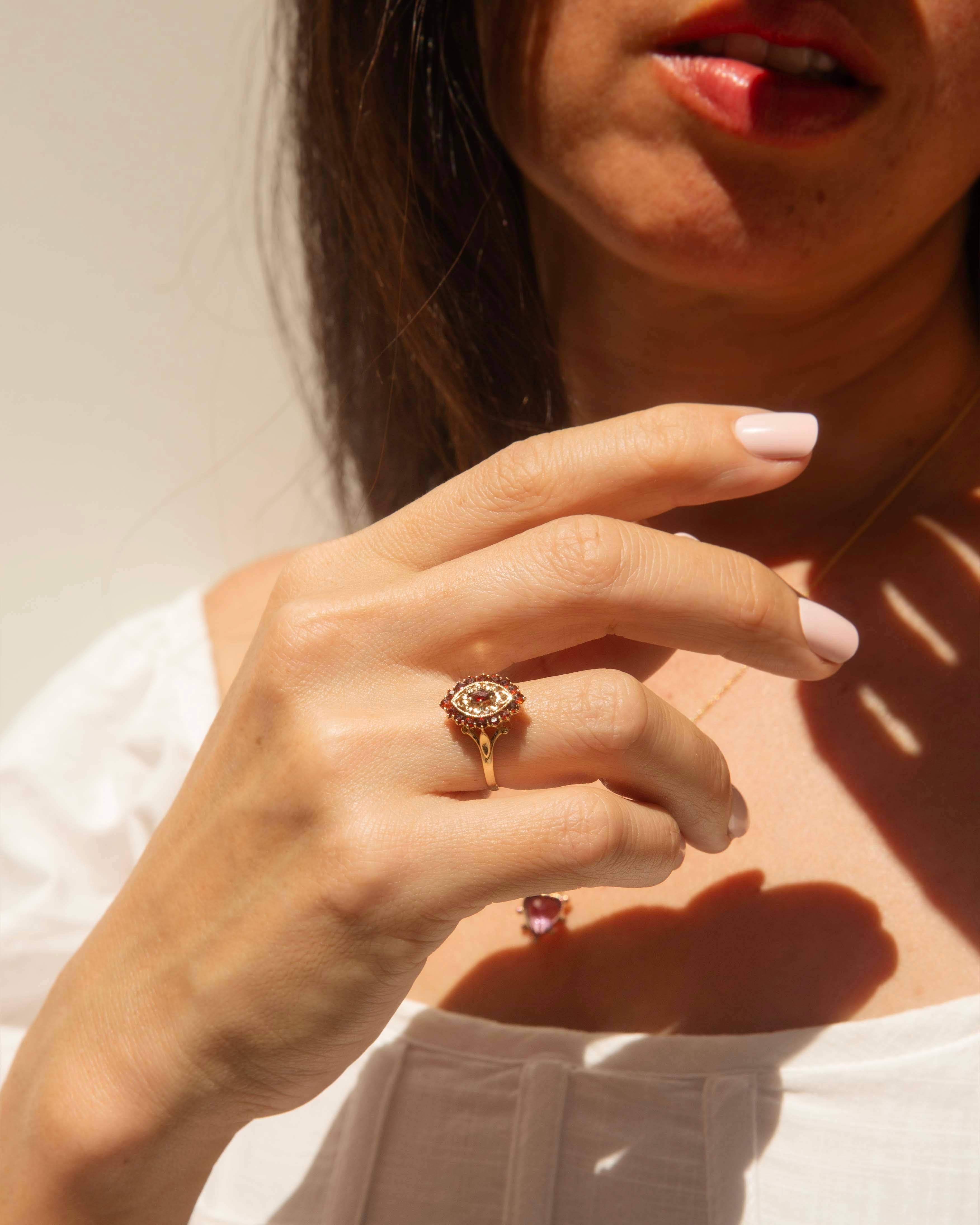 Greta 1960s Garnet Marquise Cocktail Ring 9ct Gold Rings Imperial Jewellery 