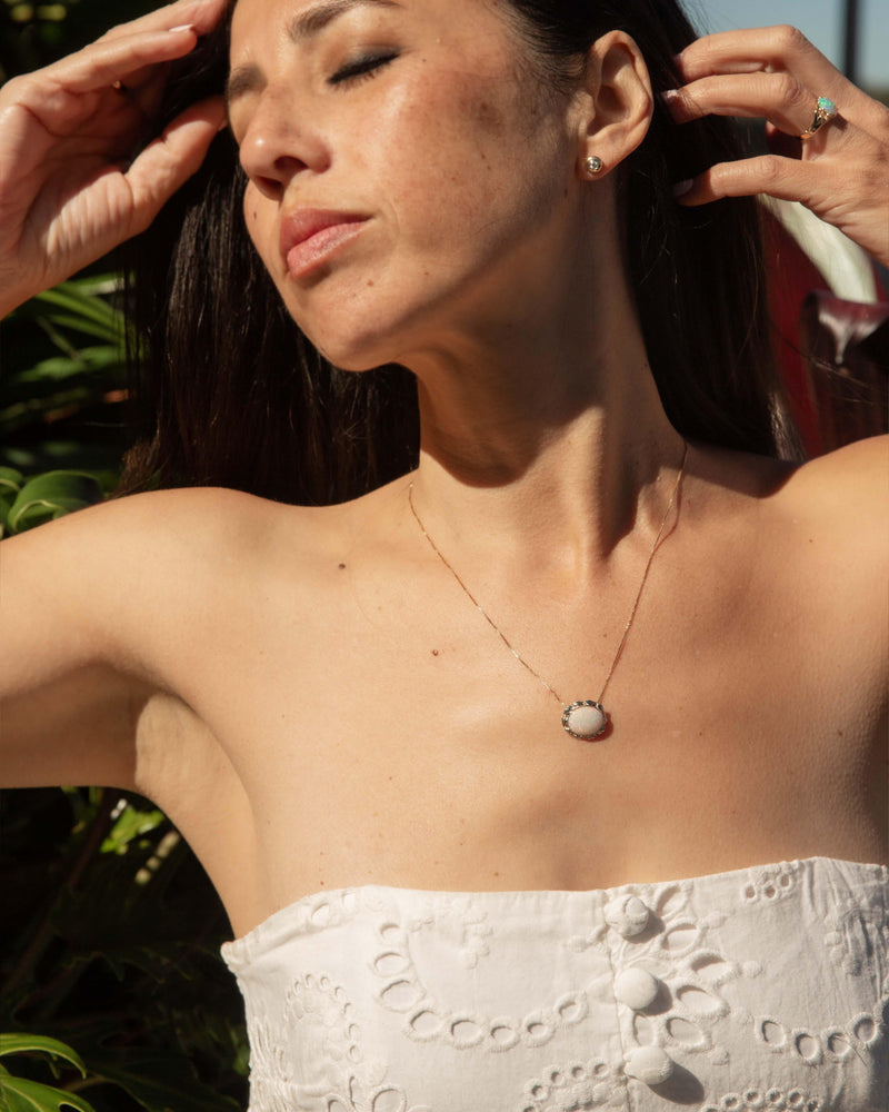 Vintage Circa 1980s White Opal Leaf Pendant & Chain 14 Carat Gold
