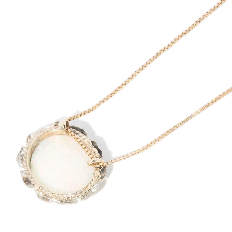 Vintage Circa 1980s White Opal Leaf Pendant & Chain 14 Carat Gold