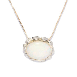 Vintage Circa 1980s White Opal Leaf Pendant & Chain 14 Carat Gold