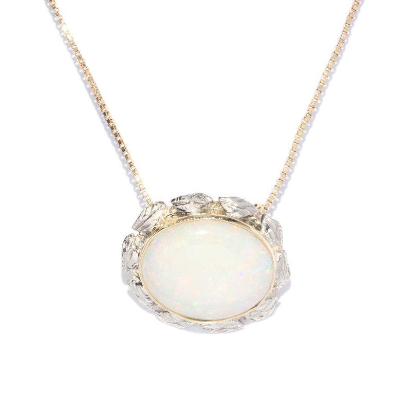 Vintage Circa 1980s White Opal Leaf Pendant & Chain 14 Carat Gold