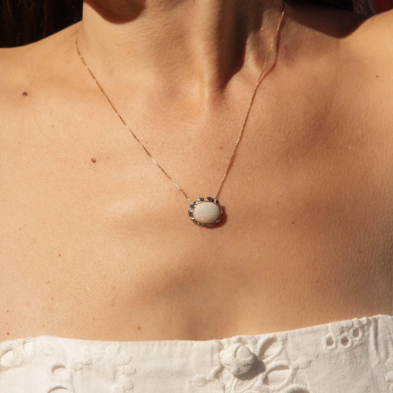 Vintage Circa 1980s White Opal Leaf Pendant & Chain 14 Carat Gold