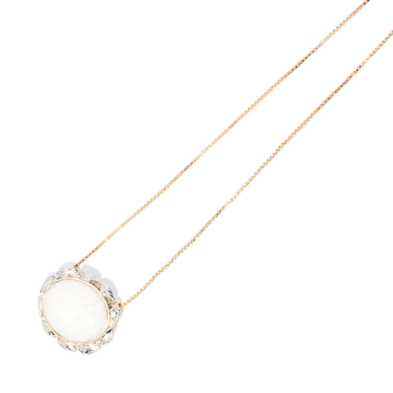 Vintage Circa 1980s White Opal Leaf Pendant & Chain 14 Carat Gold