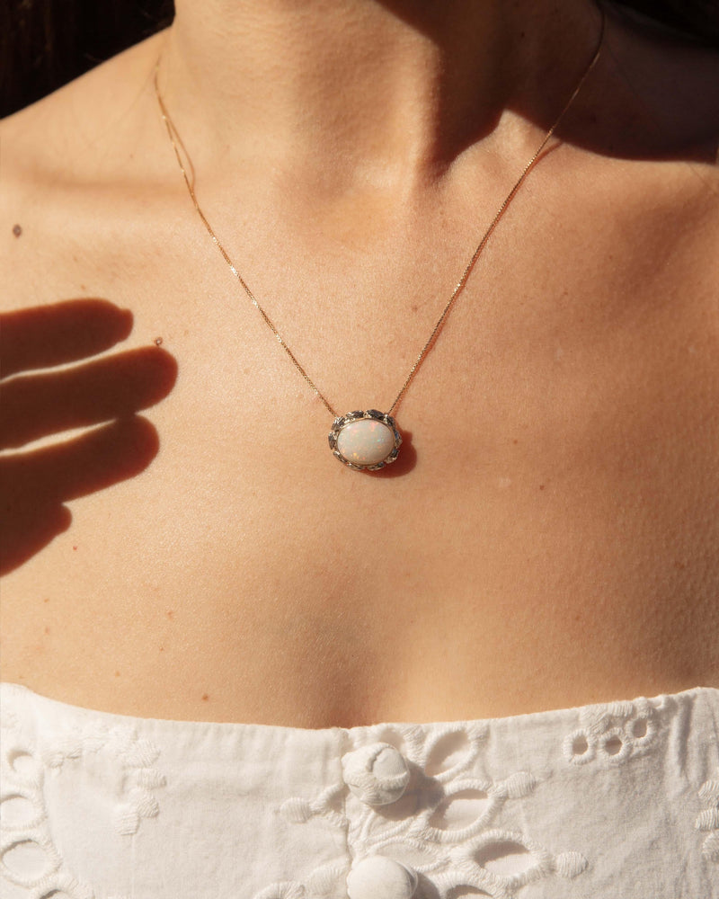 Vintage Circa 1980s White Opal Leaf Pendant & Chain 14 Carat Gold