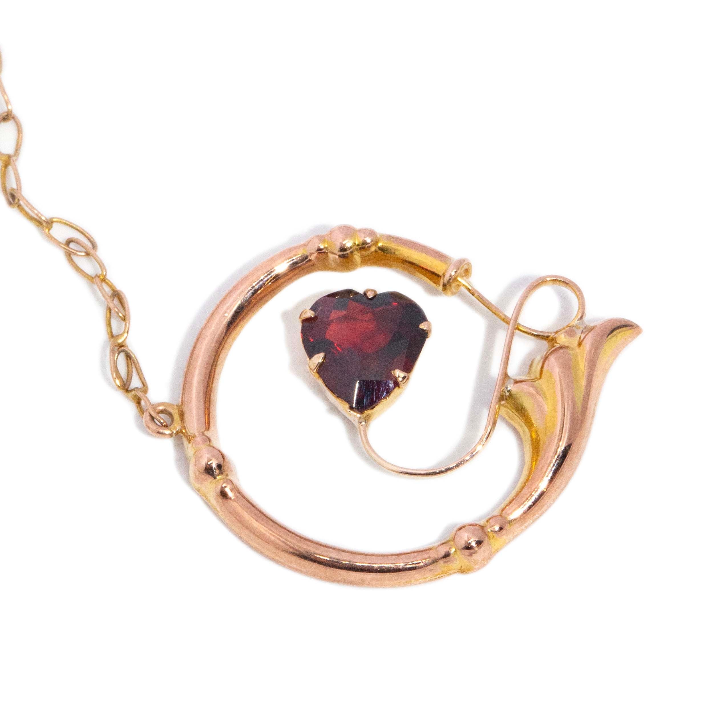 Greta Antique Heart Garnet Hatpin & Charm 9ct Gold Brooches Imperial Jewellery 