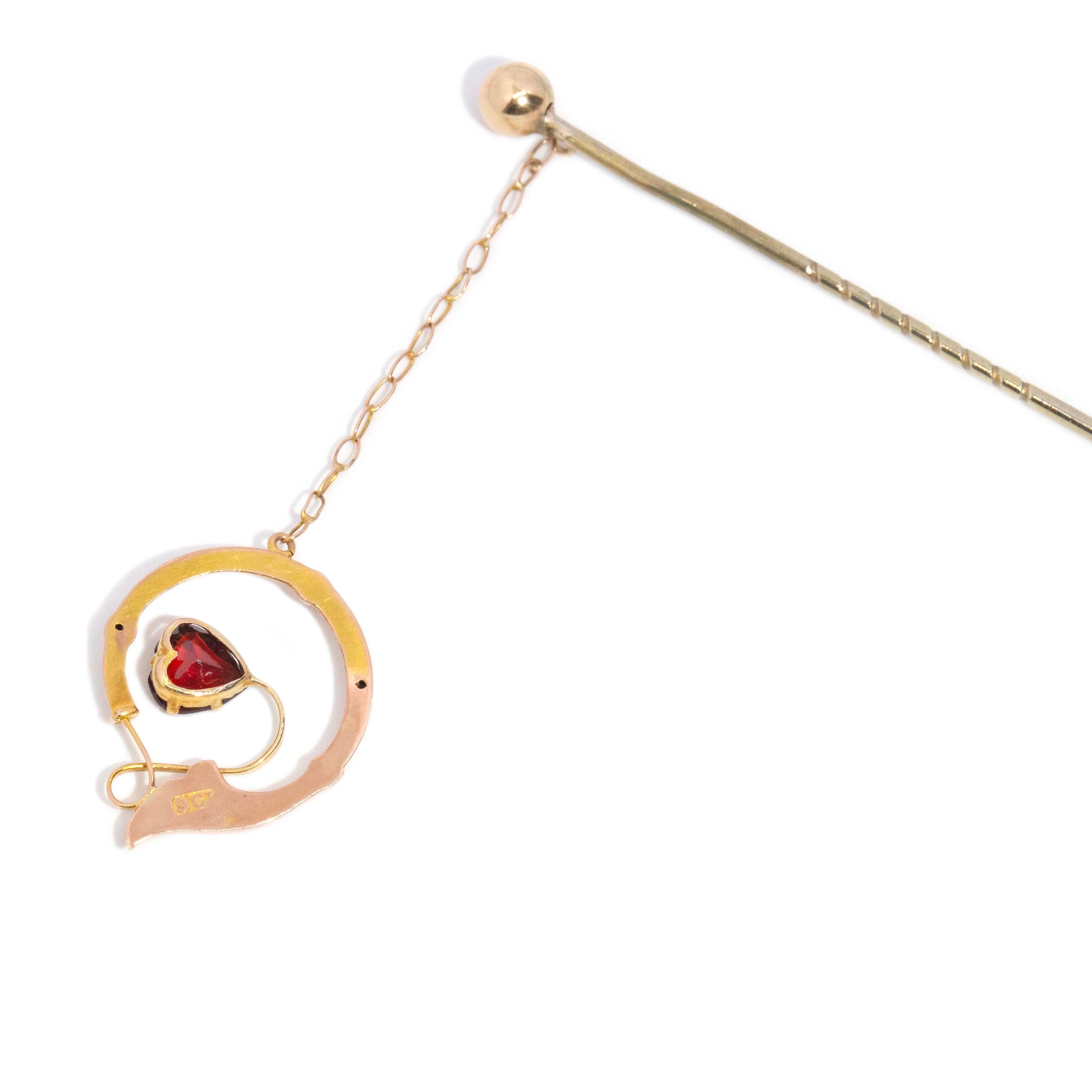 Greta Antique Heart Garnet Hatpin & Charm 9ct Gold Brooches Imperial Jewellery 