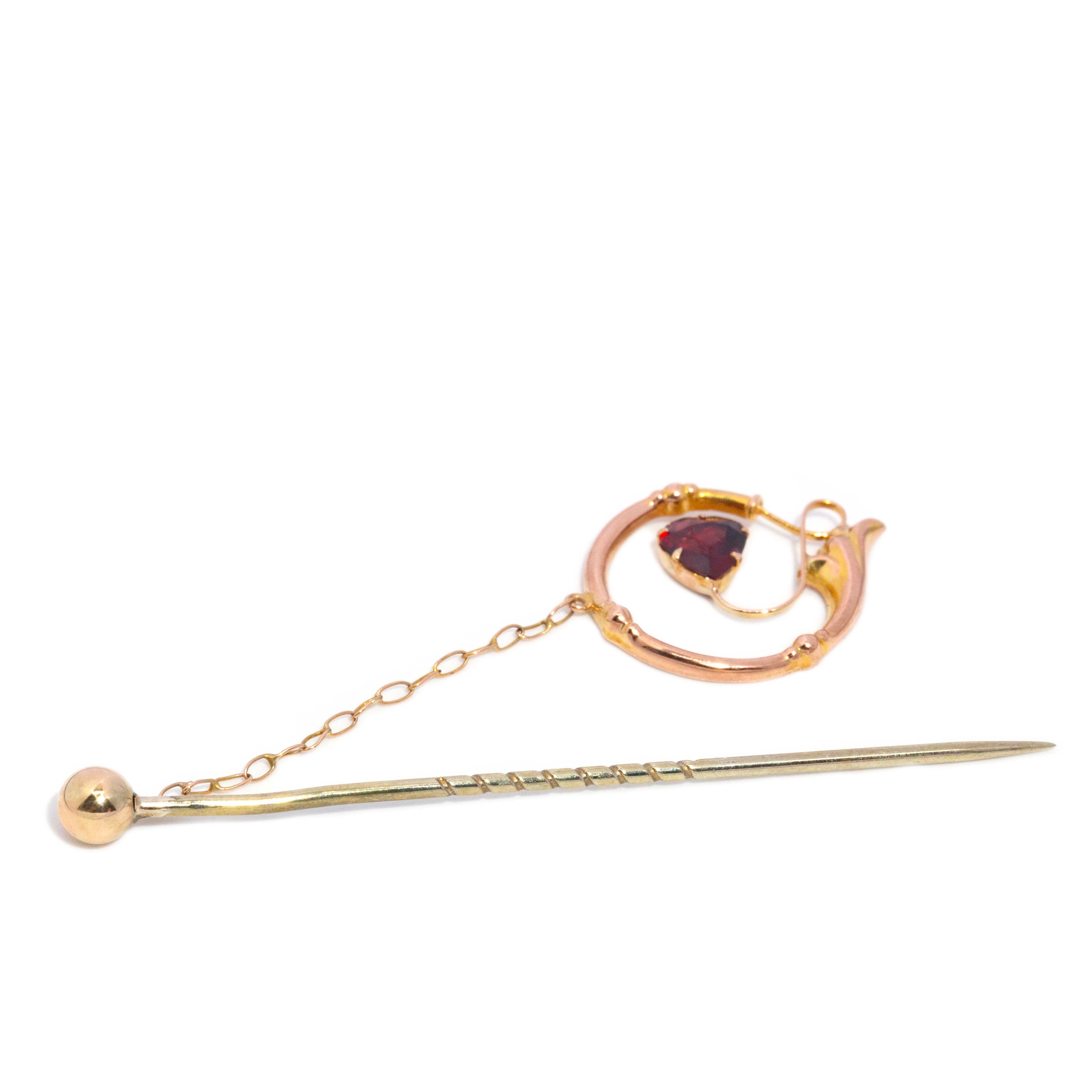 Greta Antique Heart Garnet Hatpin & Charm 9ct Gold Brooches Imperial Jewellery 