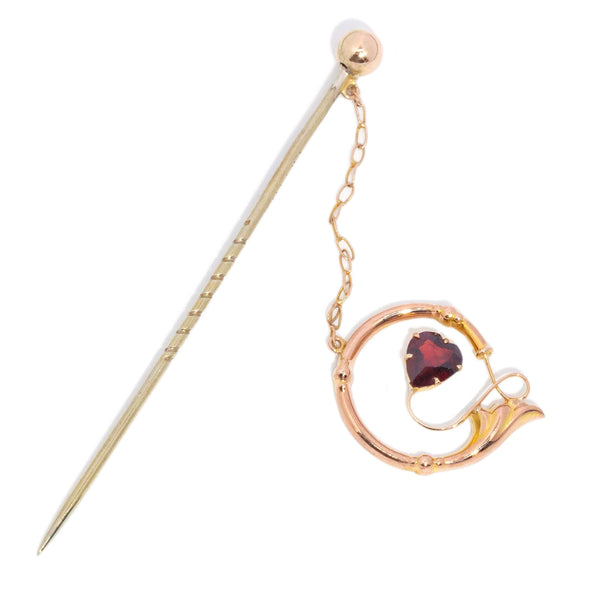 Greta Antique Heart Garnet Hatpin & Charm 9ct Gold Brooches Imperial Jewellery 