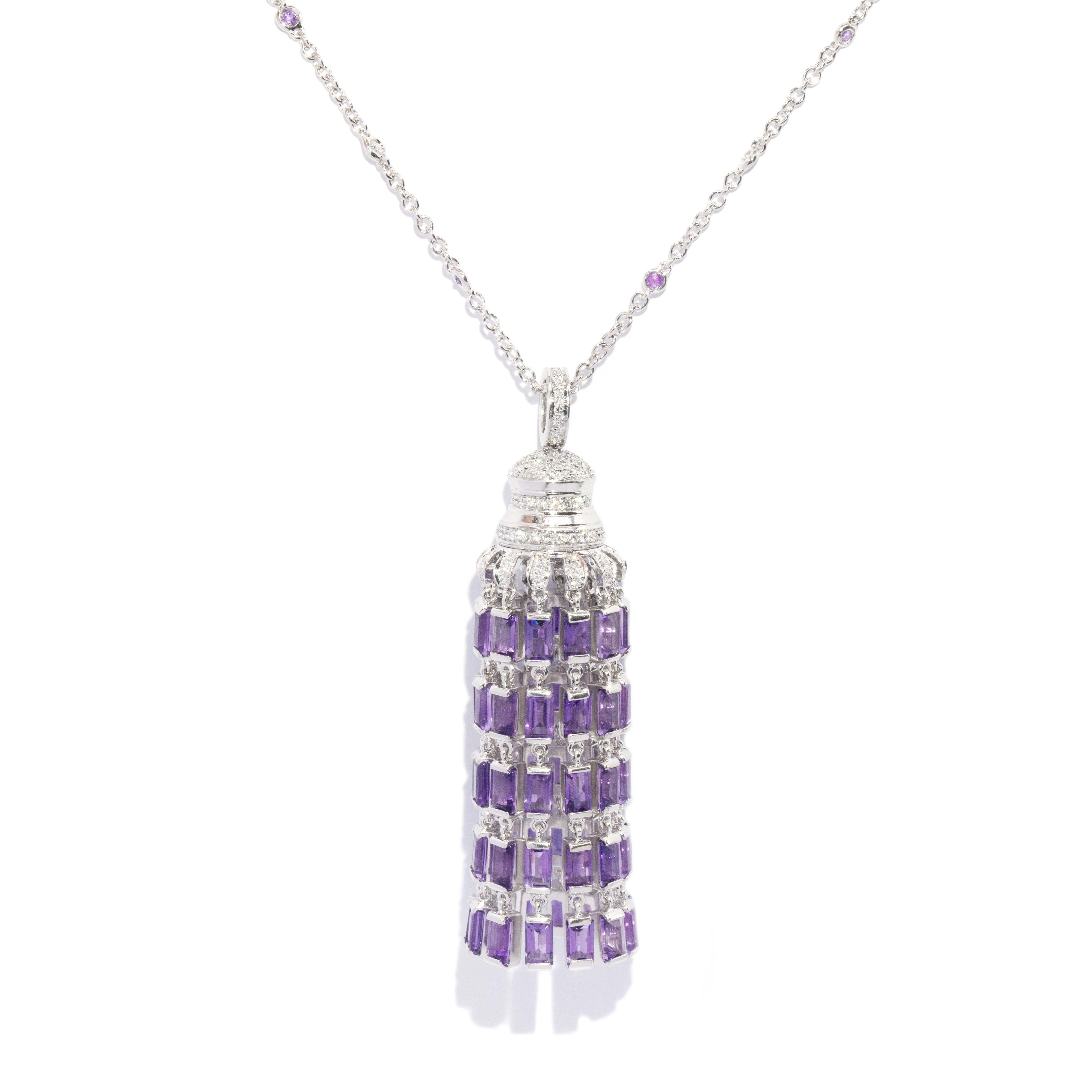 Contemporary Amethyst & Diamond Chandelier Pendant & Chain 18 Carat White Gold