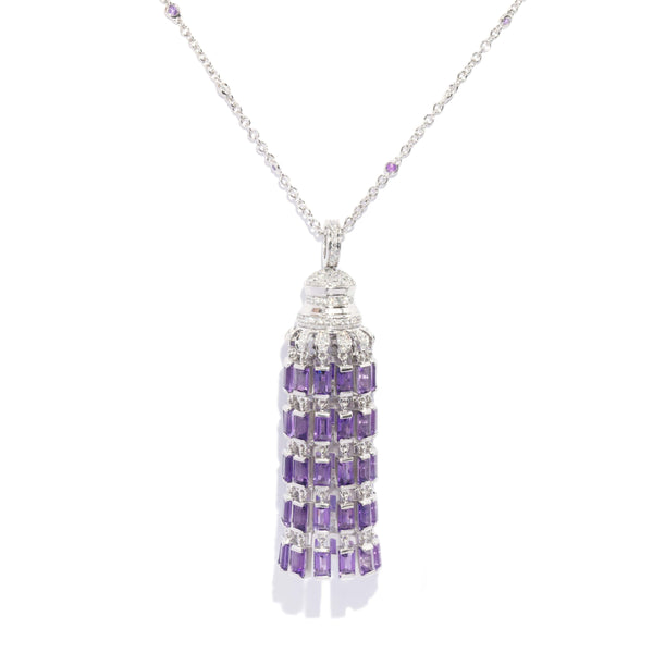 Contemporary Amethyst & Diamond Chandelier Pendant & Chain 18 Carat White Gold