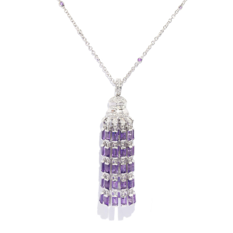 Contemporary Amethyst & Diamond Chandelier Pendant & Chain 18 Carat White Gold