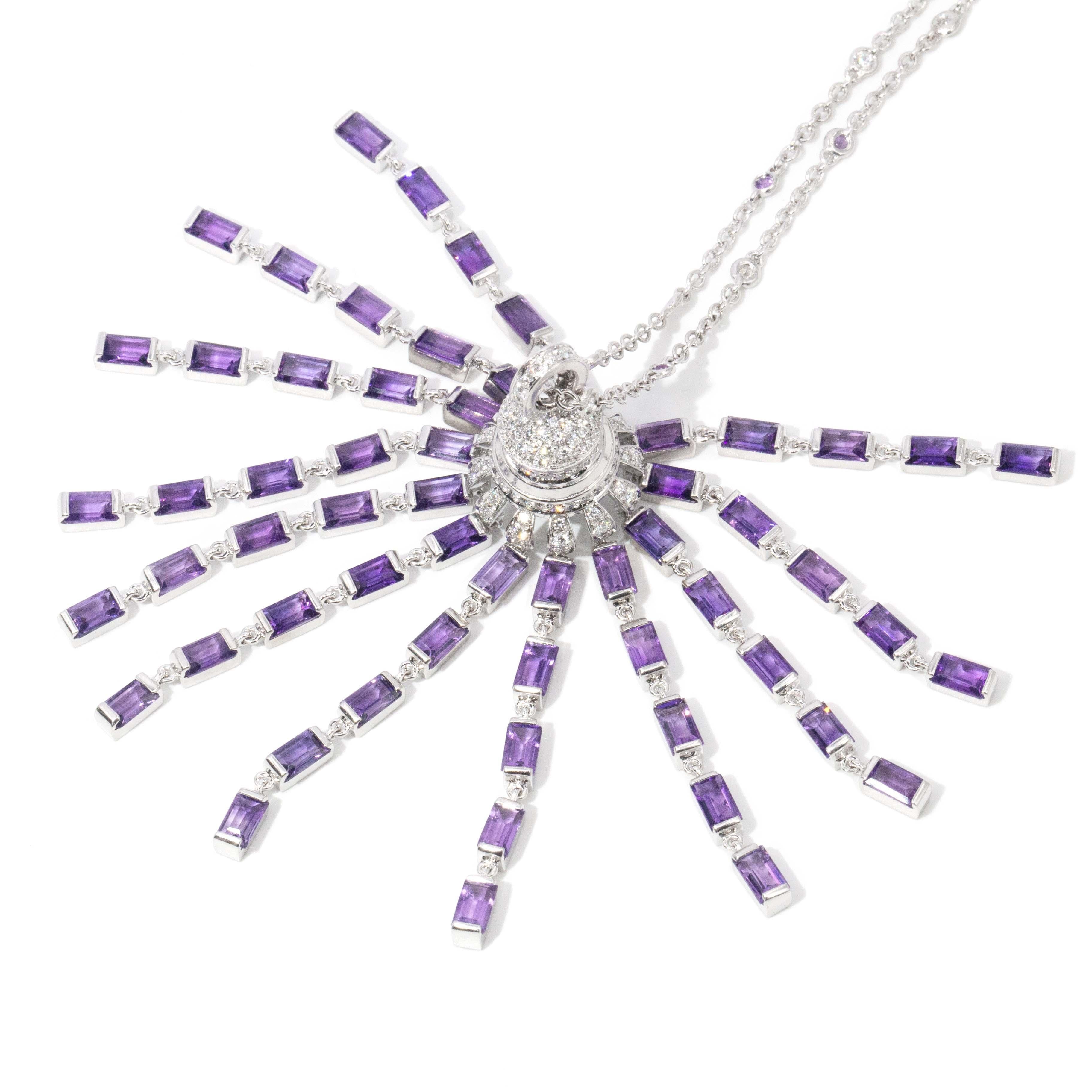 Contemporary Amethyst & Diamond Chandelier Pendant & Chain 18 Carat White Gold