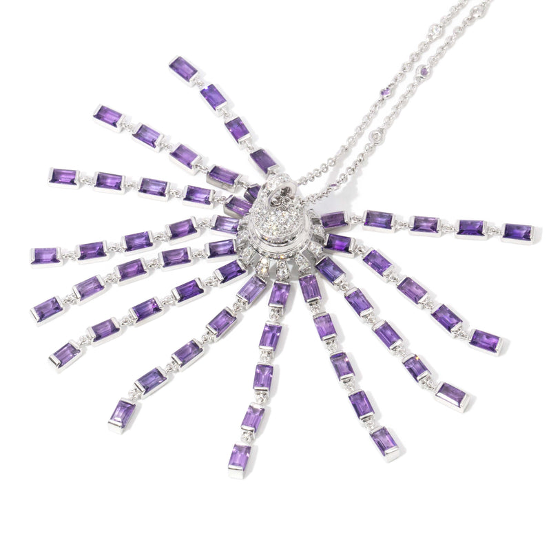 Contemporary Amethyst & Diamond Chandelier Pendant & Chain 18 Carat White Gold
