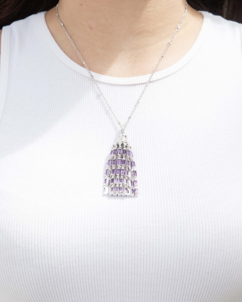 Contemporary Amethyst & Diamond Chandelier Pendant & Chain 18 Carat White Gold