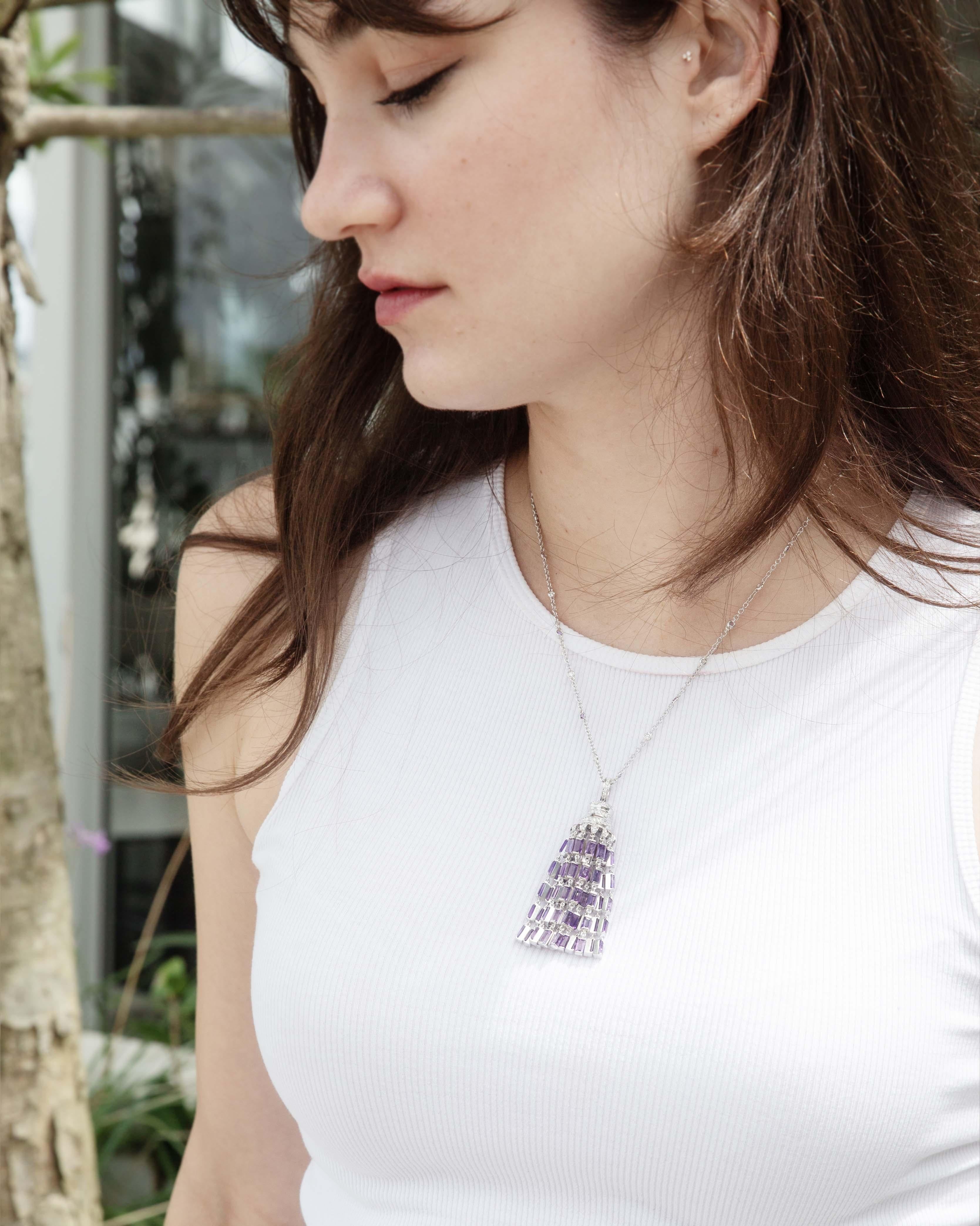 Contemporary Amethyst & Diamond Chandelier Pendant & Chain 18 Carat White Gold