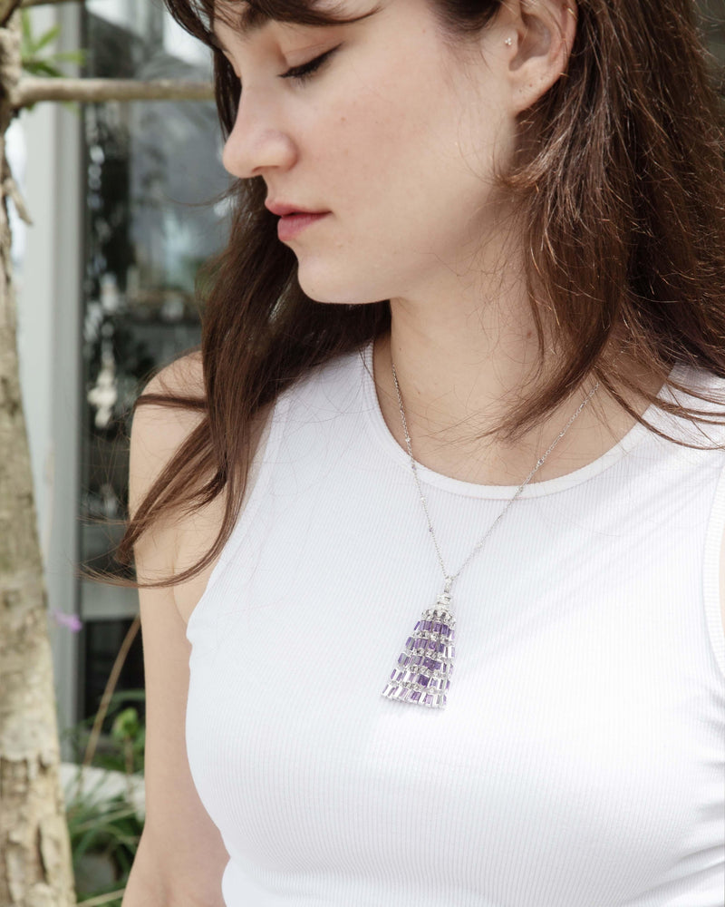 Contemporary Amethyst & Diamond Chandelier Pendant & Chain 18 Carat White Gold