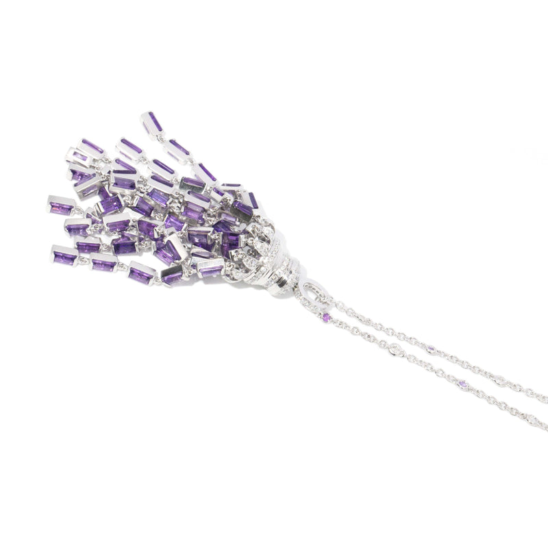 Contemporary Amethyst & Diamond Chandelier Pendant & Chain 18 Carat White Gold