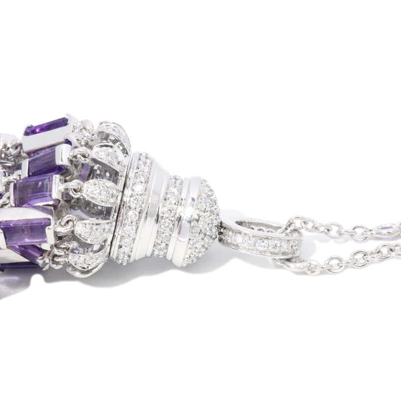 Contemporary Amethyst & Diamond Chandelier Pendant & Chain 18 Carat White Gold