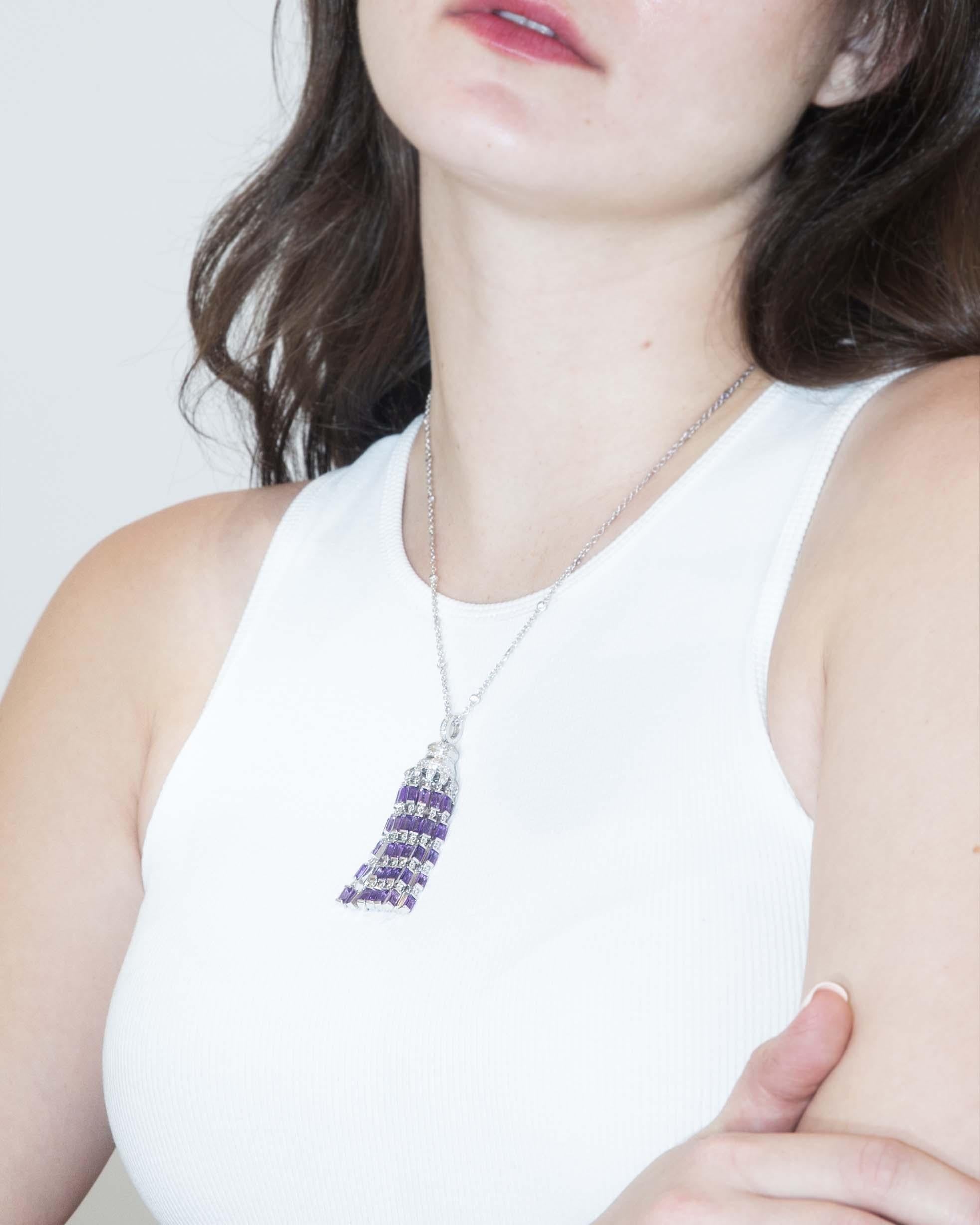 Contemporary Amethyst & Diamond Chandelier Pendant & Chain 18 Carat White Gold