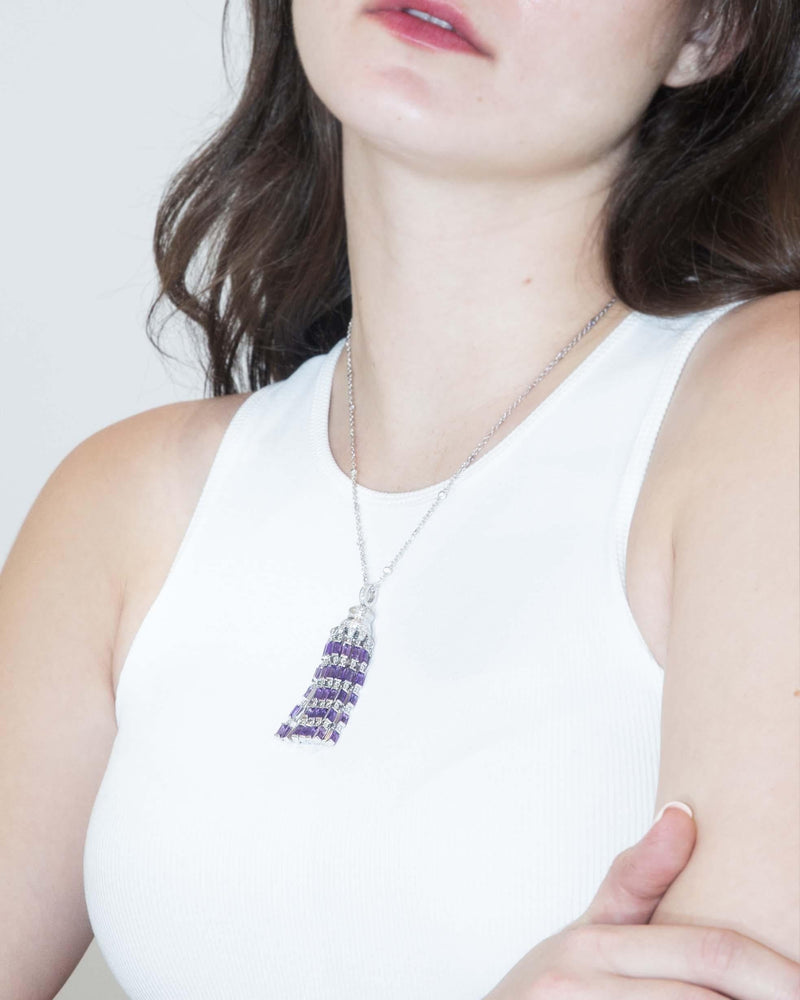 Contemporary Amethyst & Diamond Chandelier Pendant & Chain 18 Carat White Gold