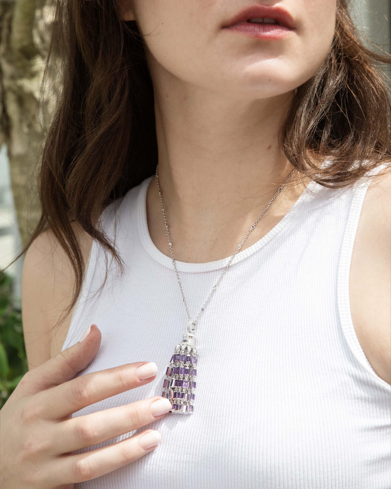 Contemporary Amethyst & Diamond Chandelier Pendant & Chain 18 Carat White Gold