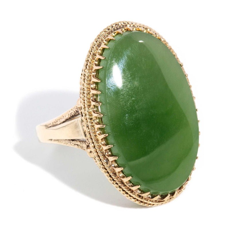 Gwen 1980s Nephrite Jade Cabochon Ring 9ct Gold
