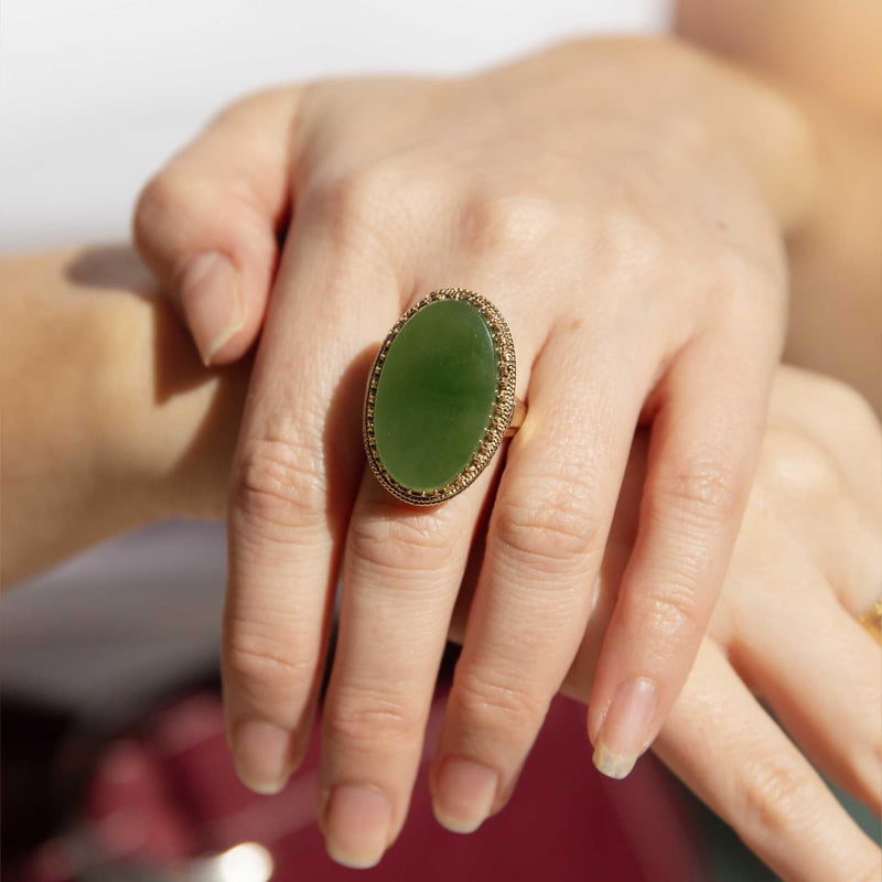 Gwen 1980s Nephrite Jade Cabochon Ring 9ct Gold