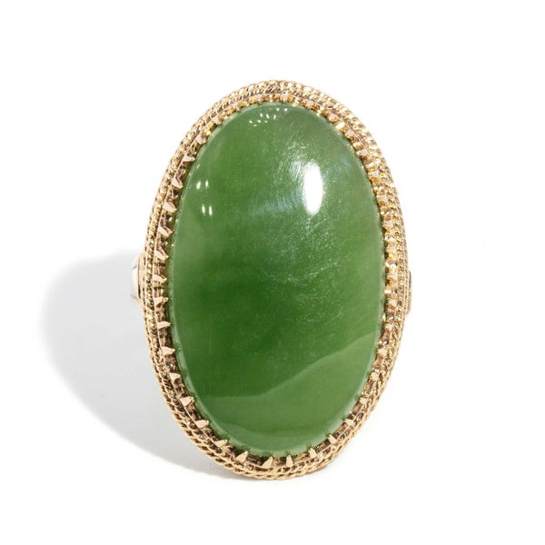 Gwen 1980s Nephrite Jade Cabochon Ring 9ct Gold