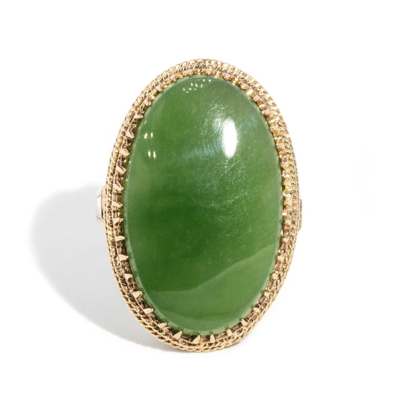 Gwen 1980s Nephrite Jade Cabochon Ring 9ct Gold