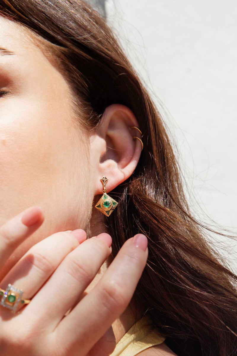 Gwendolyne Art Deco Style Emerald Drop Earrings 9ct Gold* DRAFT Rings Imperial Jewellery 