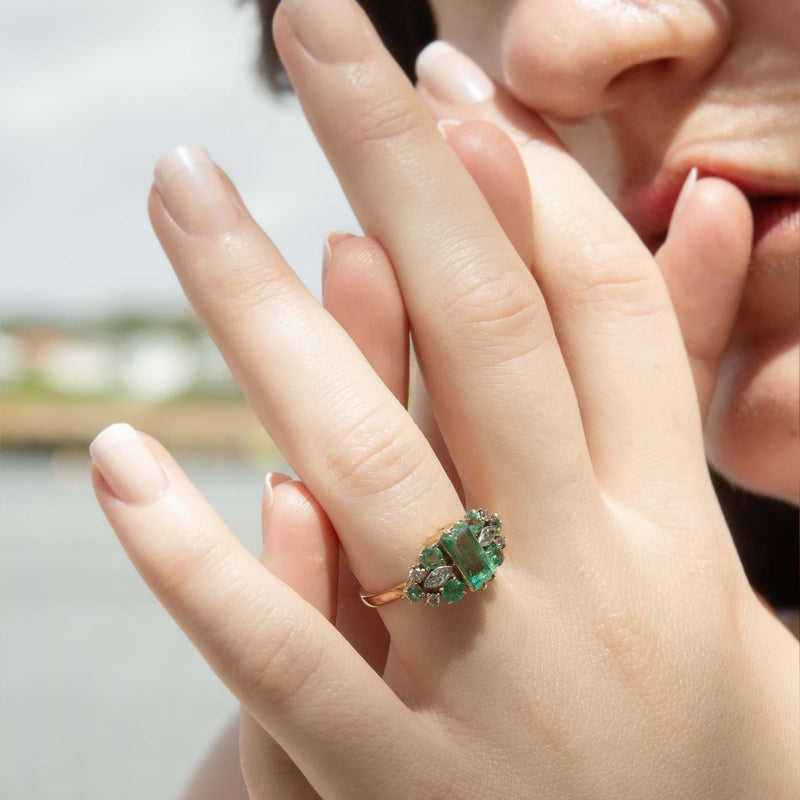 Vintage 1960s 1.50ct Emerald & Diamond 16 Carat Yellow Gold Ring